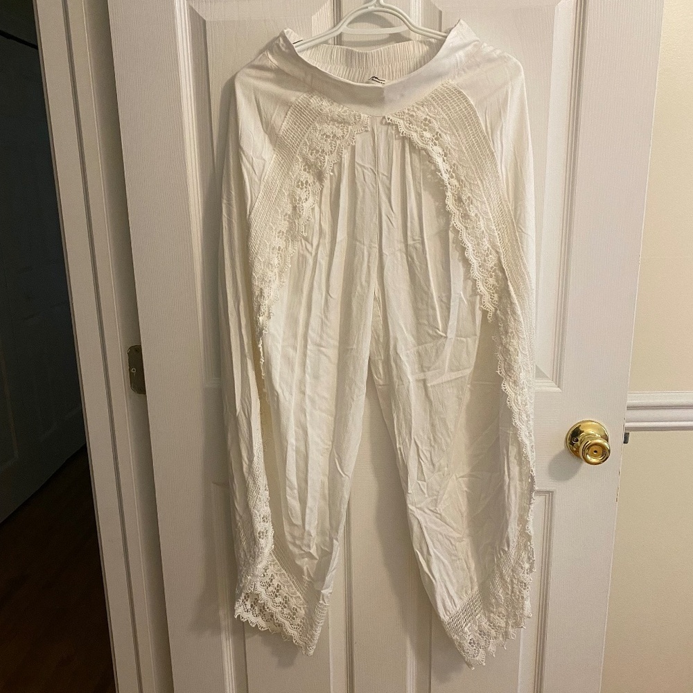 goa Beachwear by Japna Elegant White Pants with Lacy Details Size S